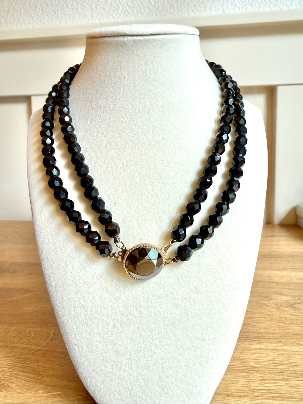 Vintage 1950s Faceted Black Glass Double Strand Necklace Box Clasp Art Deco
